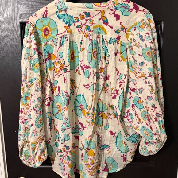 Womens Oversized Floral Pattern Blouse Teal Orange Cream Balloon Sleeves Small - Picture 5 of 5